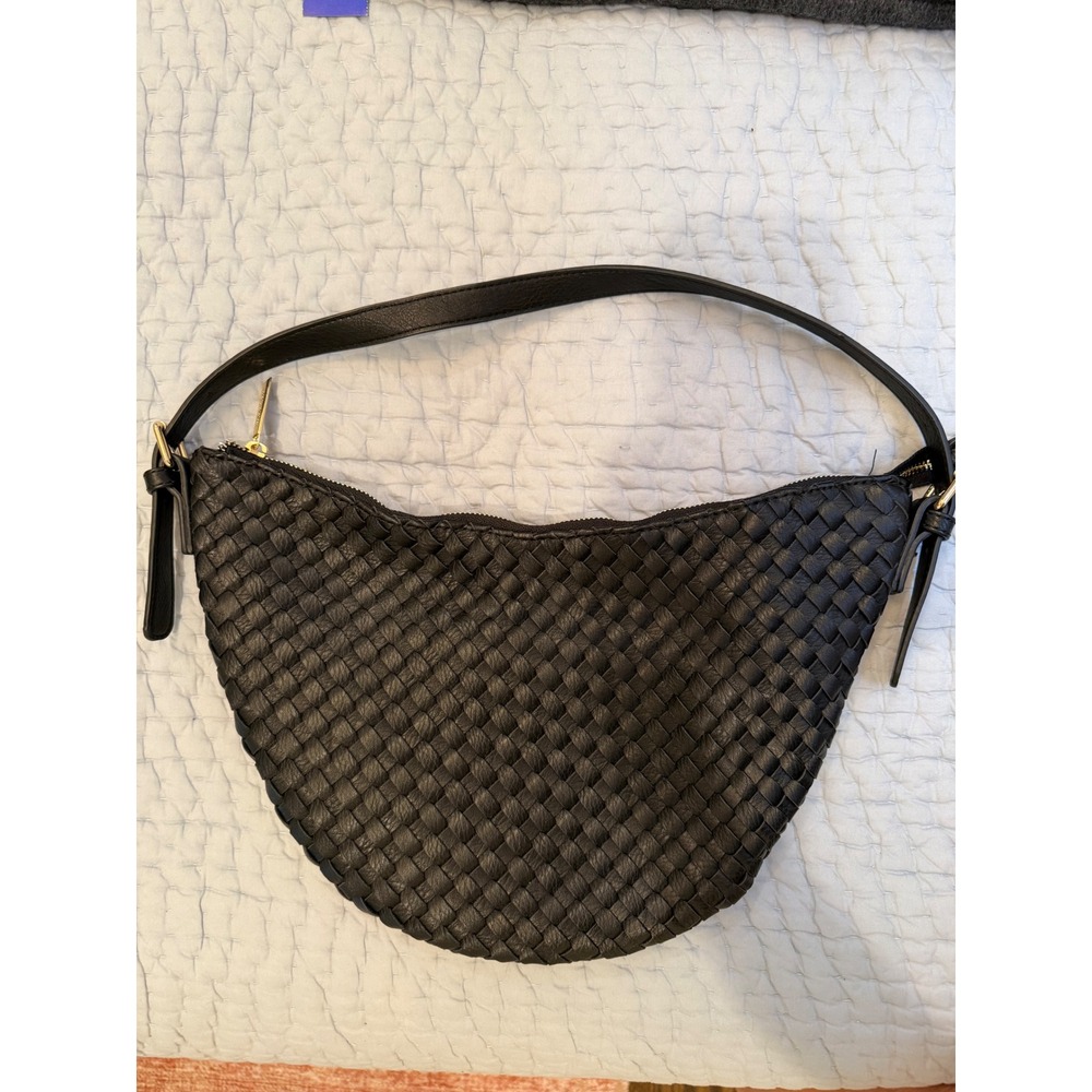 Mali + Lili Black Woven Vegan Leather Shoulder Bag Crescent Hobo Gold Hardware